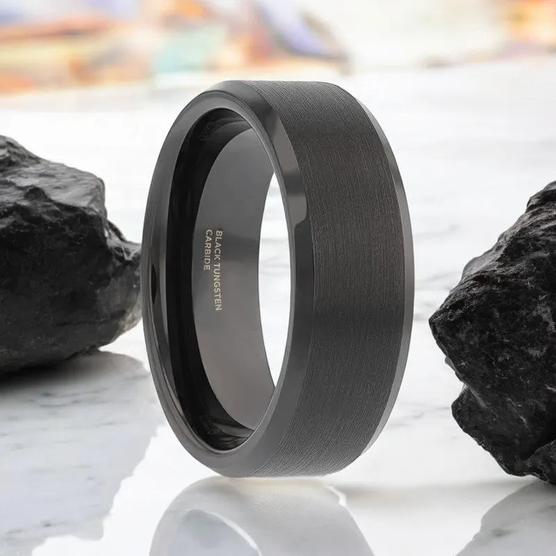 ELISE | Black Tungsten Ring, Brushed Center, Beveled