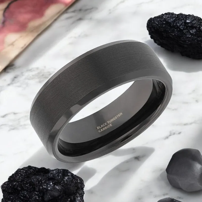 ELISE | Black Tungsten Ring, Brushed Center, Beveled