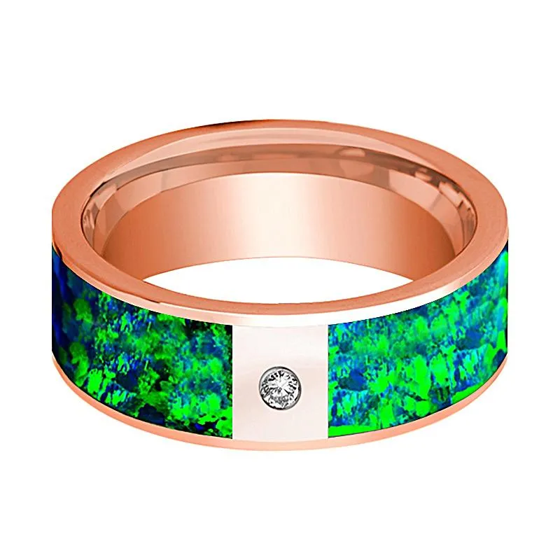 Flat Polished 14k Rose Gold and Diamond Men's Wedding Band with Emerald Green and Sapphire Blue Opal Inlay - 8MM