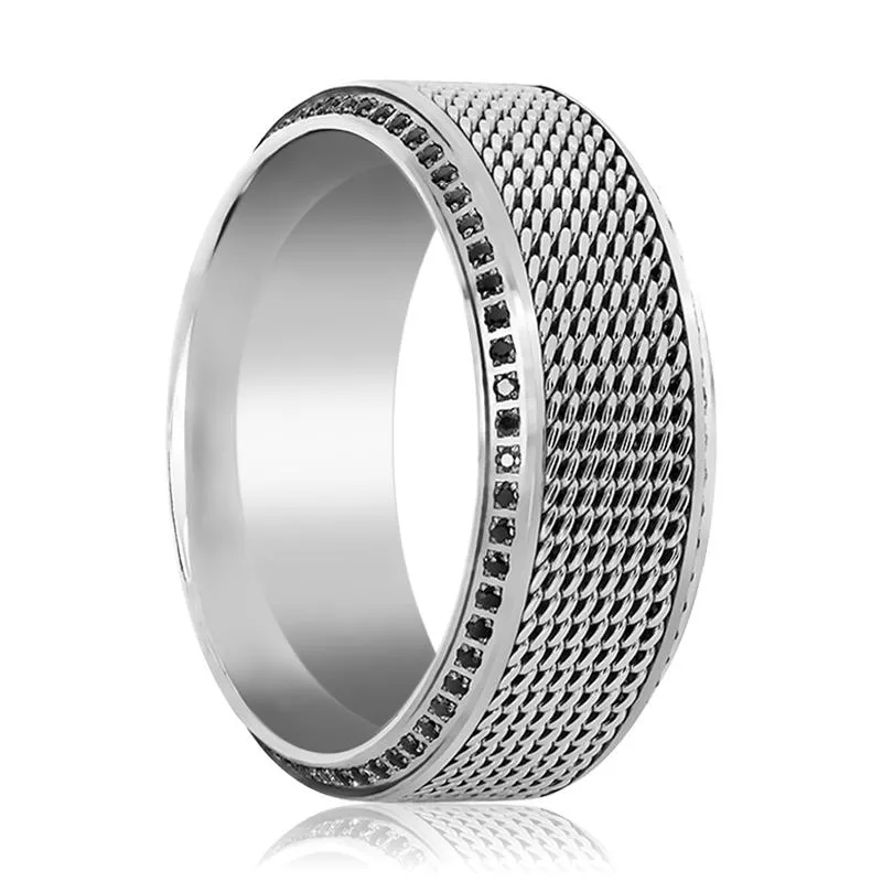 GAUNTLET | Silver Titanium Ring, Steel Chain in Middle, Black Diamonds, Beveled