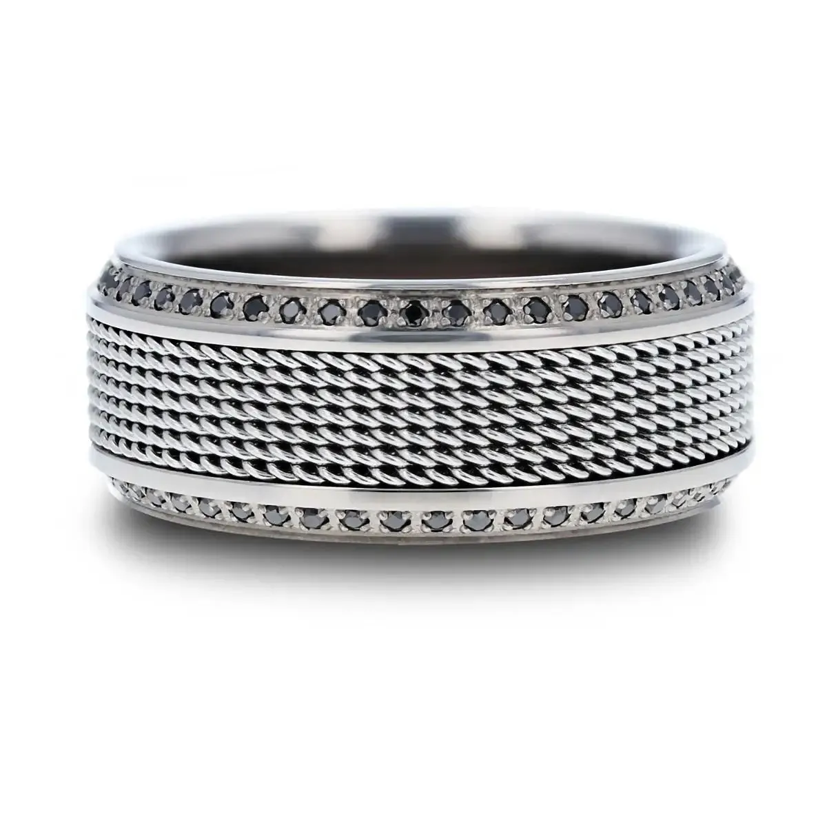 GAUNTLET | Silver Titanium Ring, Steel Chain in Middle, Black Diamonds, Beveled