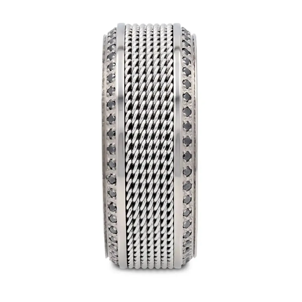 GAUNTLET | Silver Titanium Ring, Steel Chain in Middle, Black Diamonds, Beveled