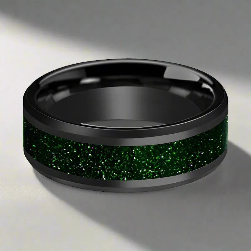 GIOVANNI | Black Ceramic Ring, Green Goldstone Inlay, Beveled