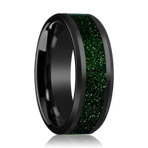 GIOVANNI | Black Ceramic Ring, Green Goldstone Inlay, Beveled