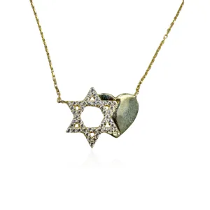 Gold Plated Jewish Star With CZ Stones and Merged Gold Heart Necklace