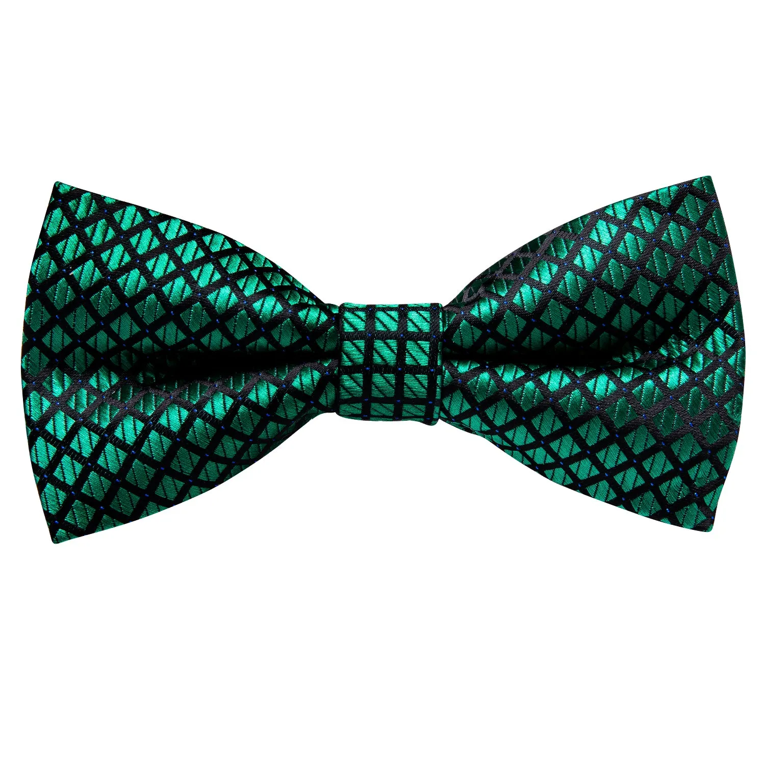 Green Black Plaid Pre-tied Bow Tie Hanky Cufflinks Set