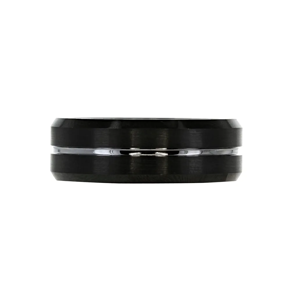 Grooved Black Tungsten Ring with Beveled Edge