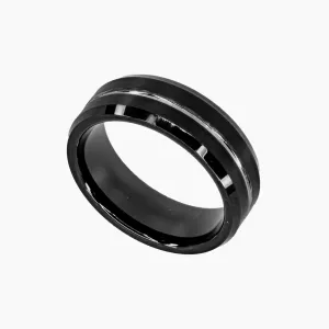 Grooved Black Tungsten Ring with Beveled Edge