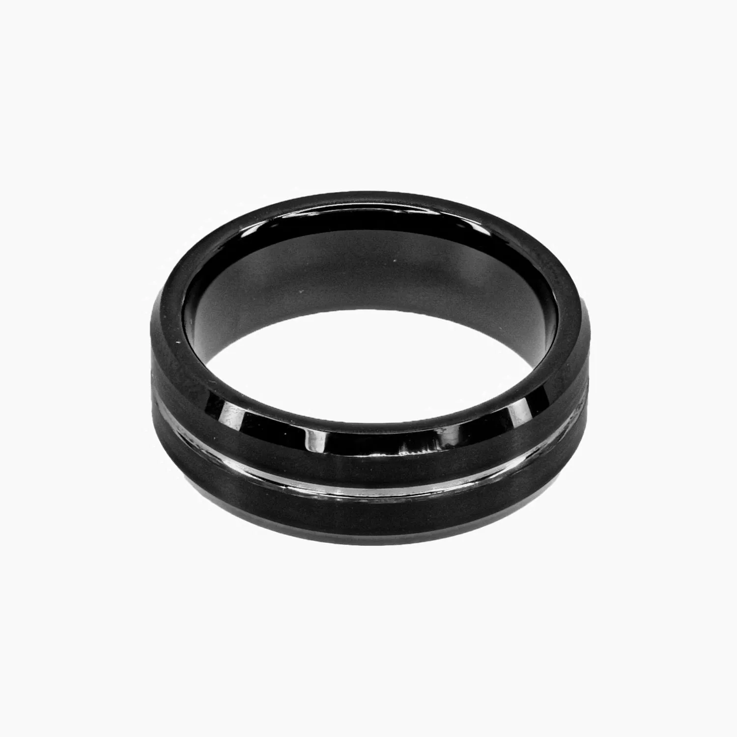 Grooved Black Tungsten Ring with Beveled Edge