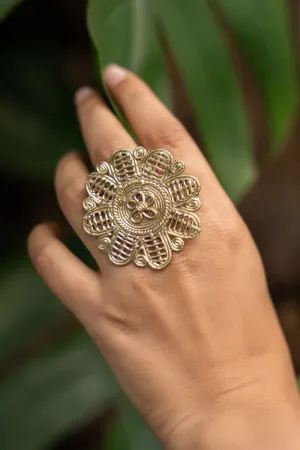 Handmade Adjustable Floral Dokra Brass Finger Ring with Intricate Design and Timeless Elegance