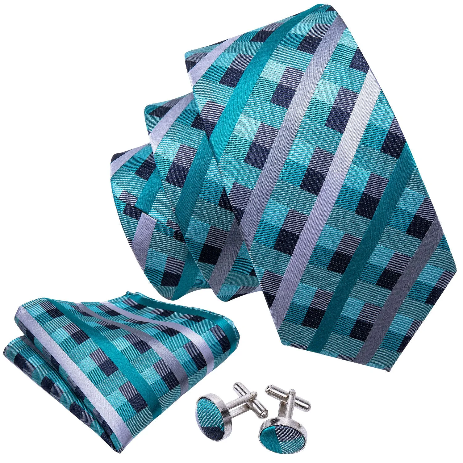 Hi-Tie Beautiful Plaid Checkered Necktie Pocket Square Cufflinks Set