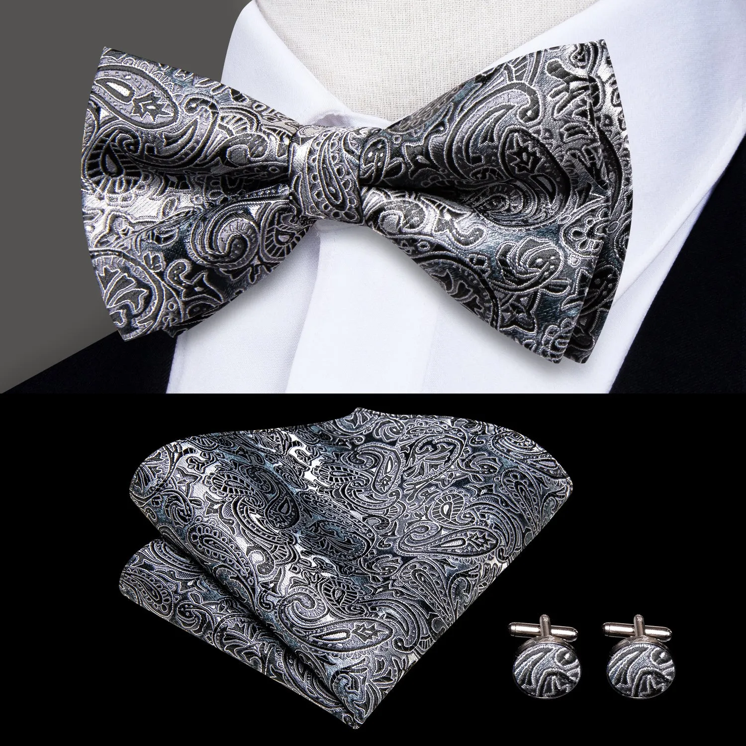 Hi-Tie Black Blue Grey Paisley Suspender Bowtie Hanky Cufflinks Set