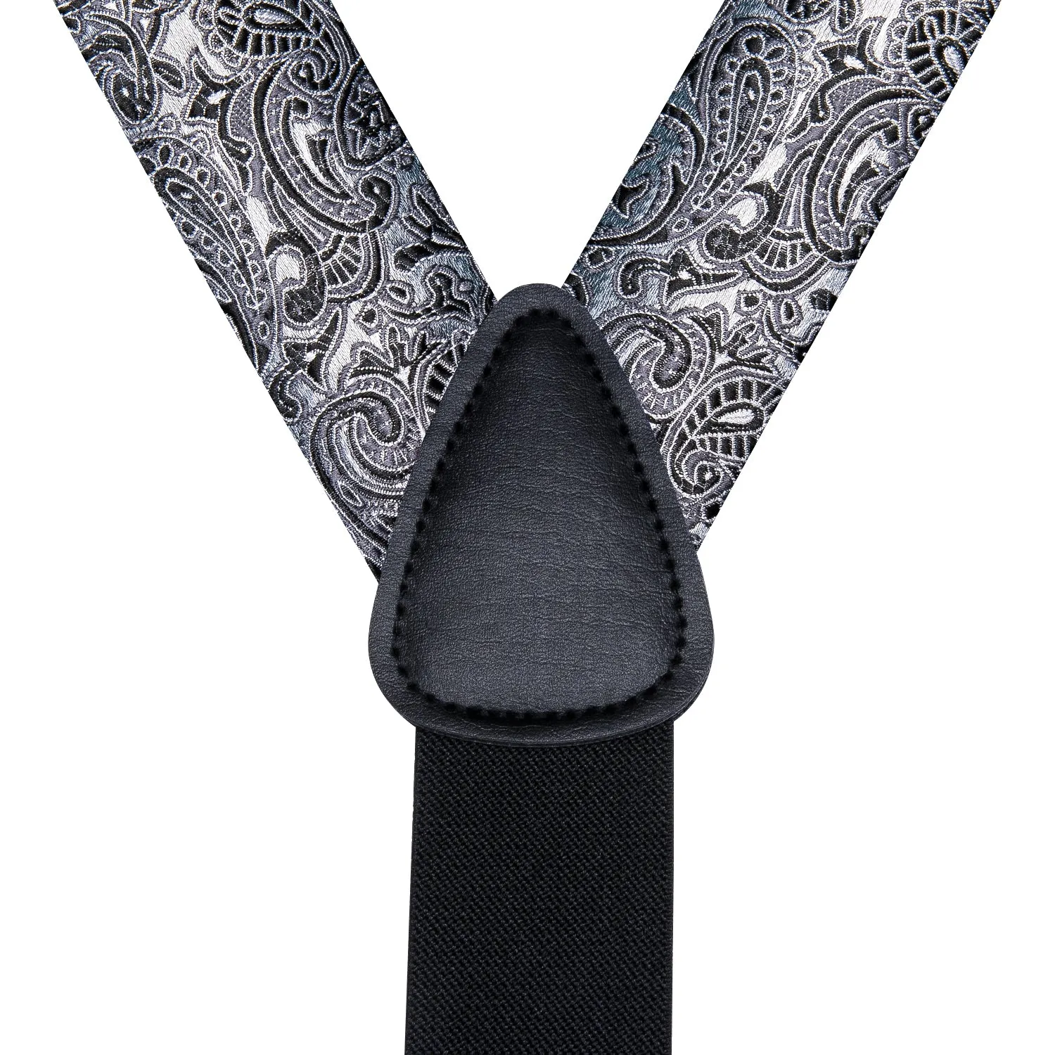 Hi-Tie Black Blue Grey Paisley Suspender Bowtie Hanky Cufflinks Set