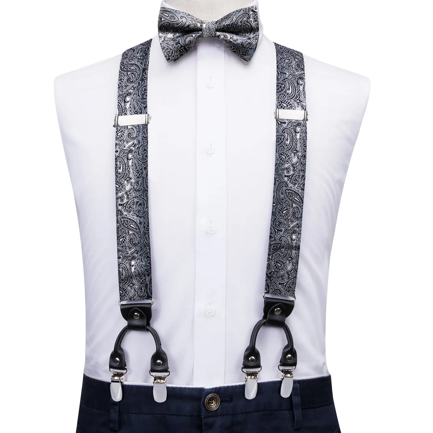 Hi-Tie Black Blue Grey Paisley Suspender Bowtie Hanky Cufflinks Set