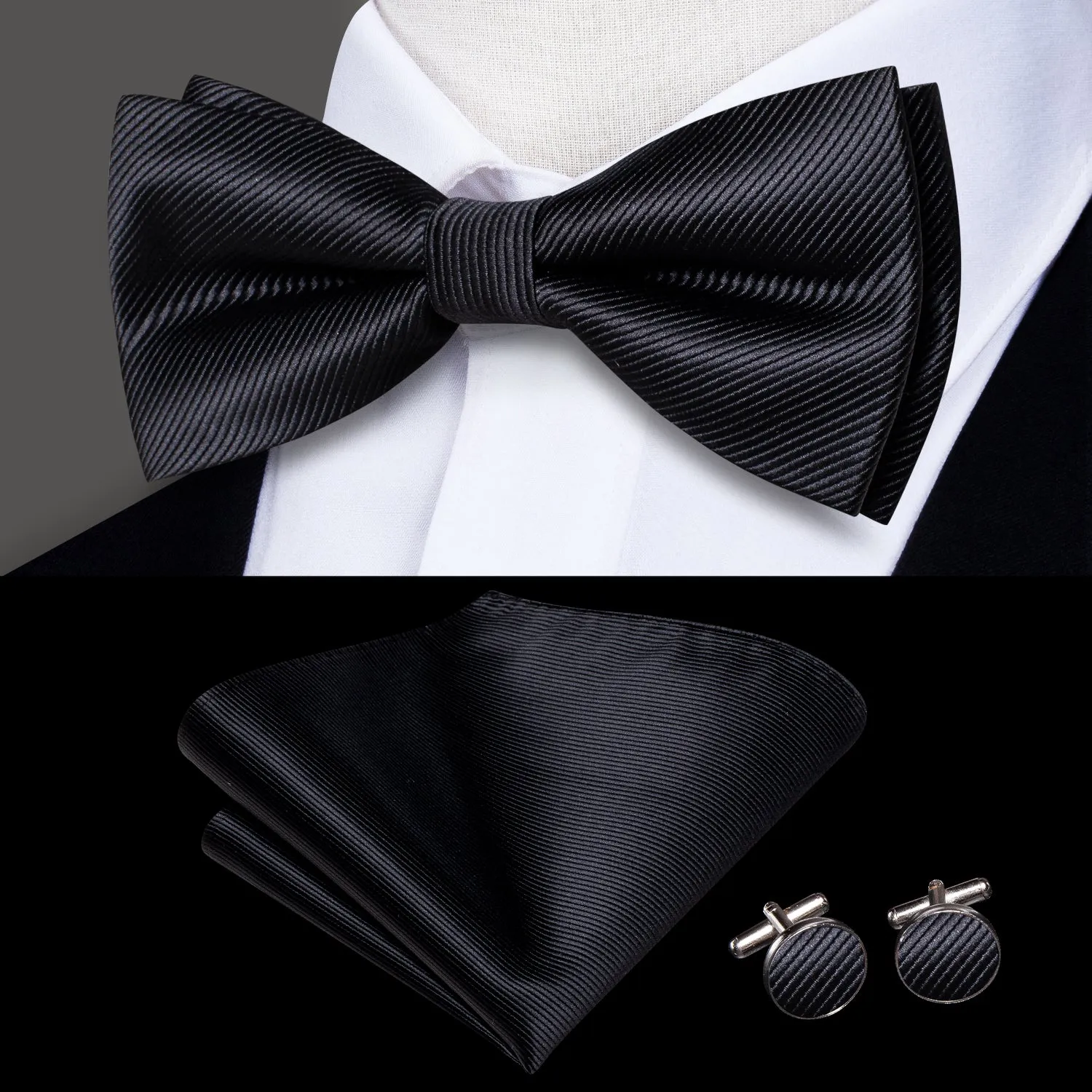 Hi-Tie Black Bow Tie Striped Pre-tied Men Bow Ties Hanky Cufflinks Set