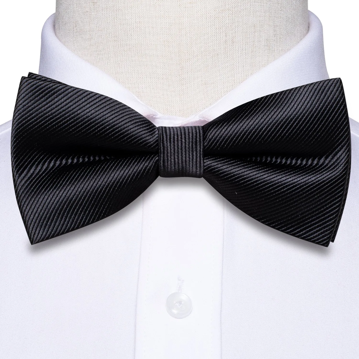 Hi-Tie Black Bow Tie Striped Pre-tied Men Bow Ties Hanky Cufflinks Set