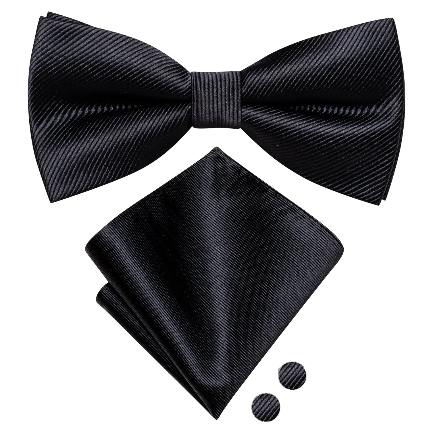 Hi-Tie Black Bow Tie Striped Pre-tied Men Bow Ties Hanky Cufflinks Set