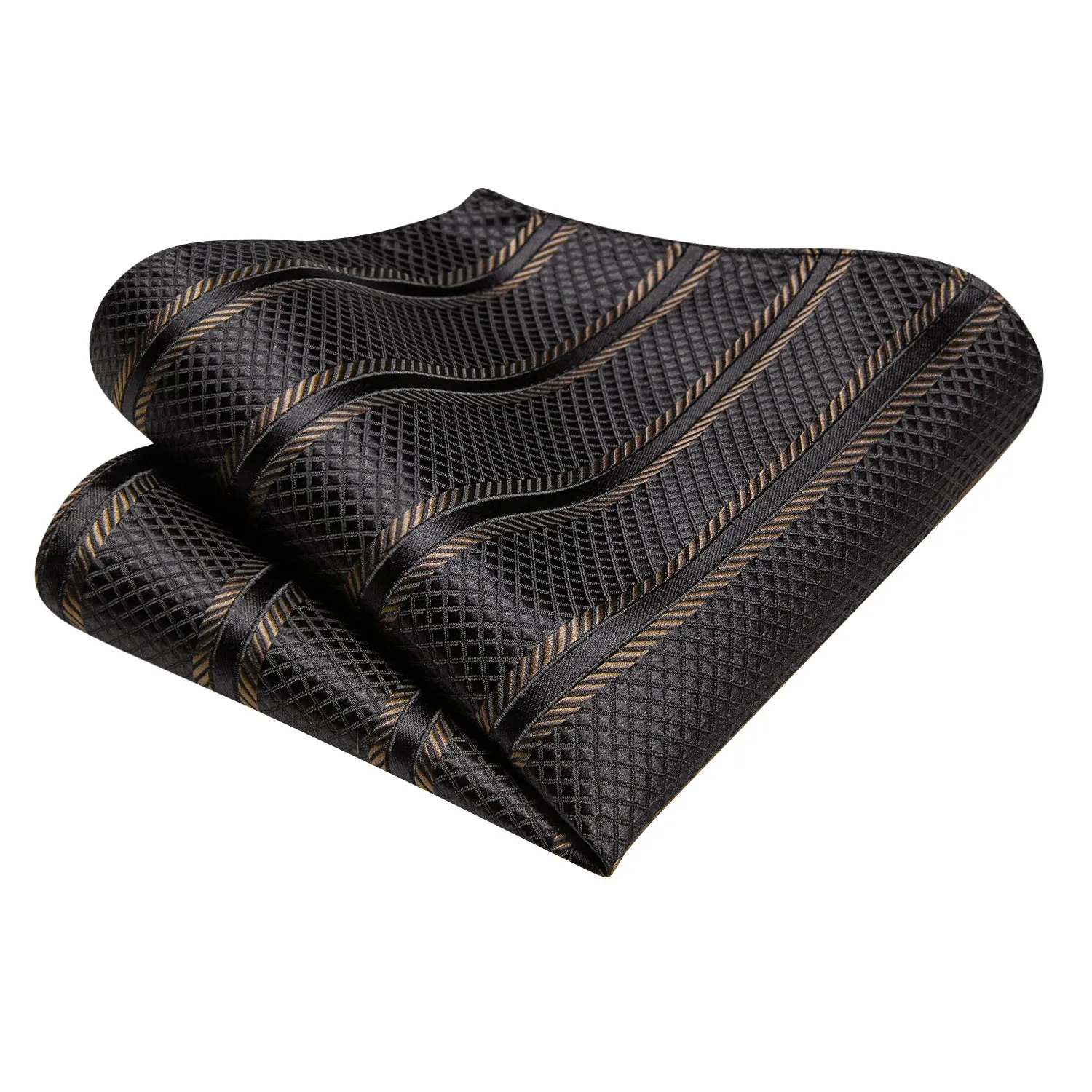 Hi-Tie Black Brown Striped Silk Tie Pocket Square Cufflink Set for Men