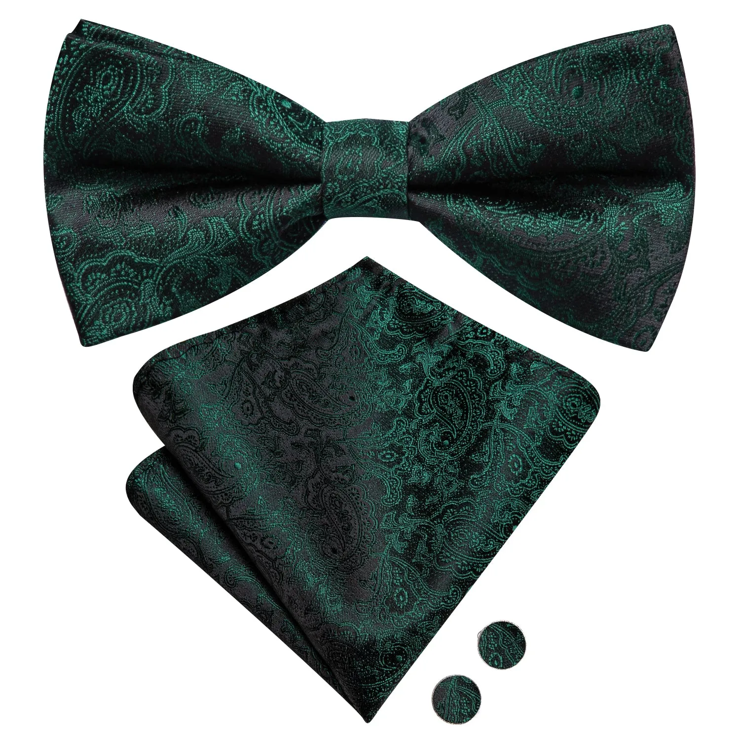 Hi-Tie Black Green Paisley Pre-tied Bow Tie Hanky Cufflinks Set