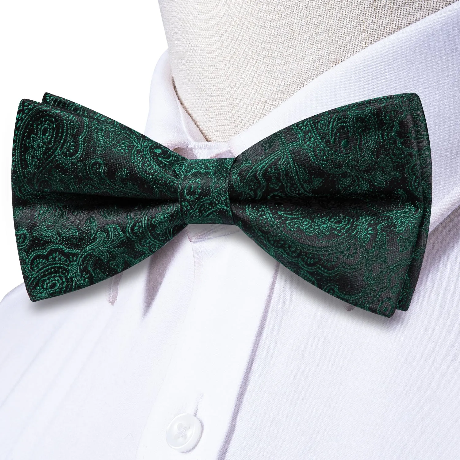 Hi-Tie Black Green Paisley Pre-tied Bow Tie Hanky Cufflinks Set