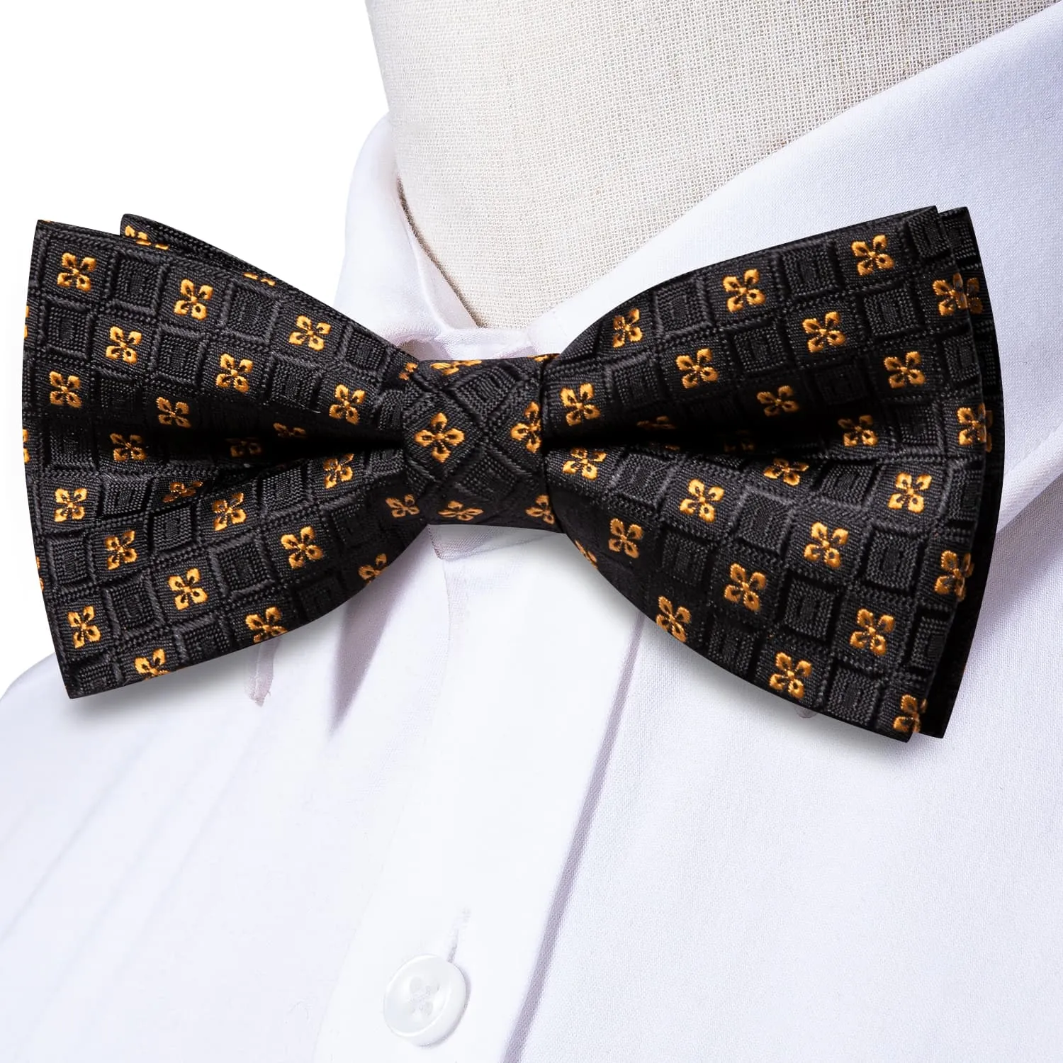 Hi-Tie Black Plaid Gold Jacquard Floral Bow Tie Hanky Cufflinks Set