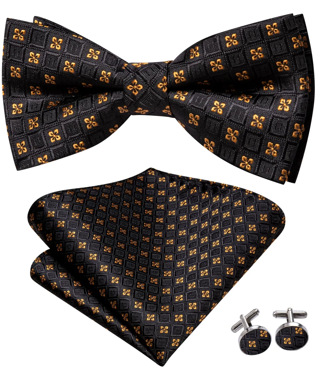 Hi-Tie Black Plaid Gold Jacquard Floral Bow Tie Hanky Cufflinks Set