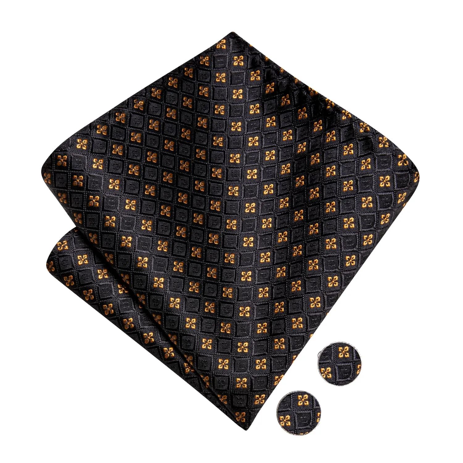 Hi-Tie Black Plaid Gold Jacquard Floral Bow Tie Hanky Cufflinks Set