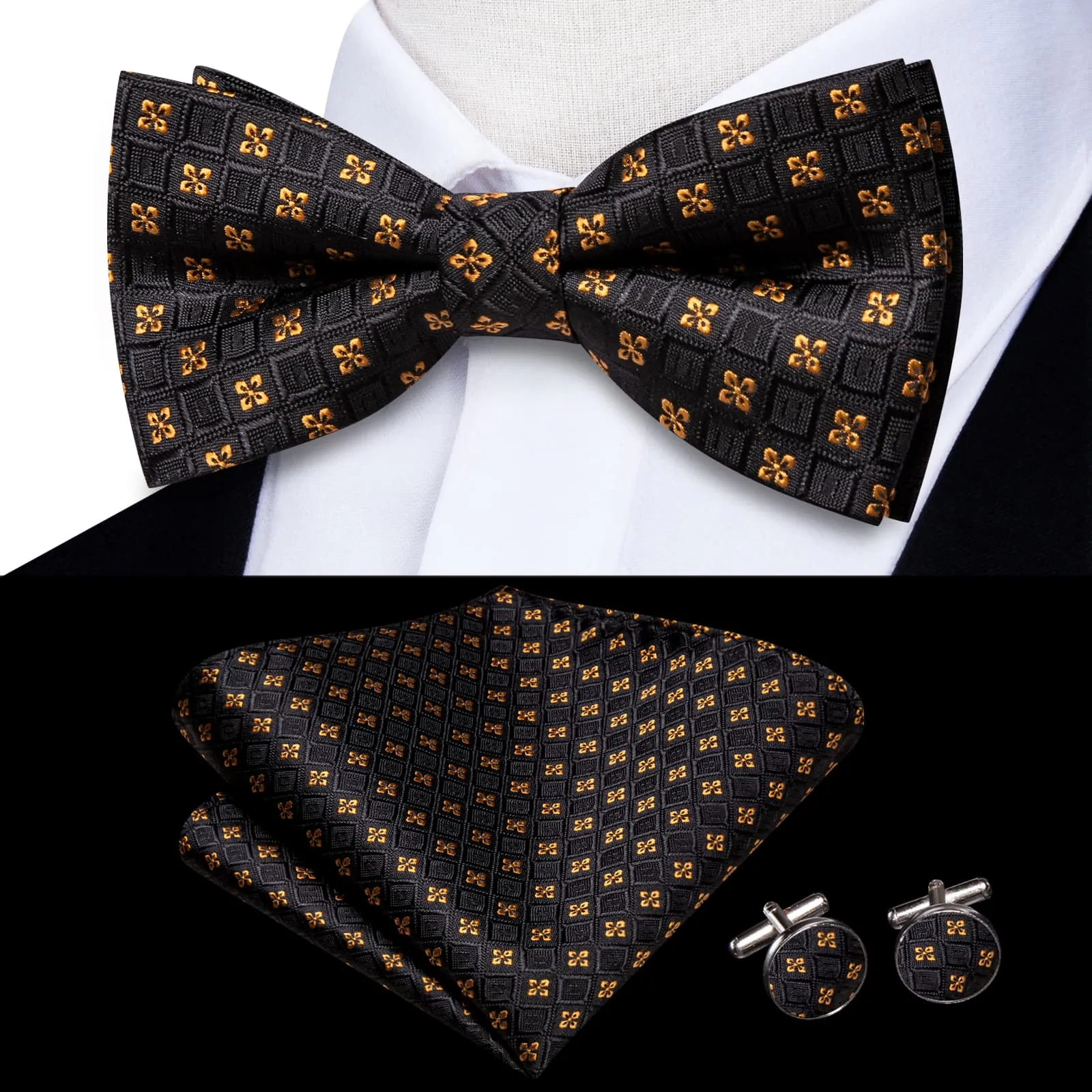 Hi-Tie Black Plaid Gold Jacquard Floral Bow Tie Hanky Cufflinks Set