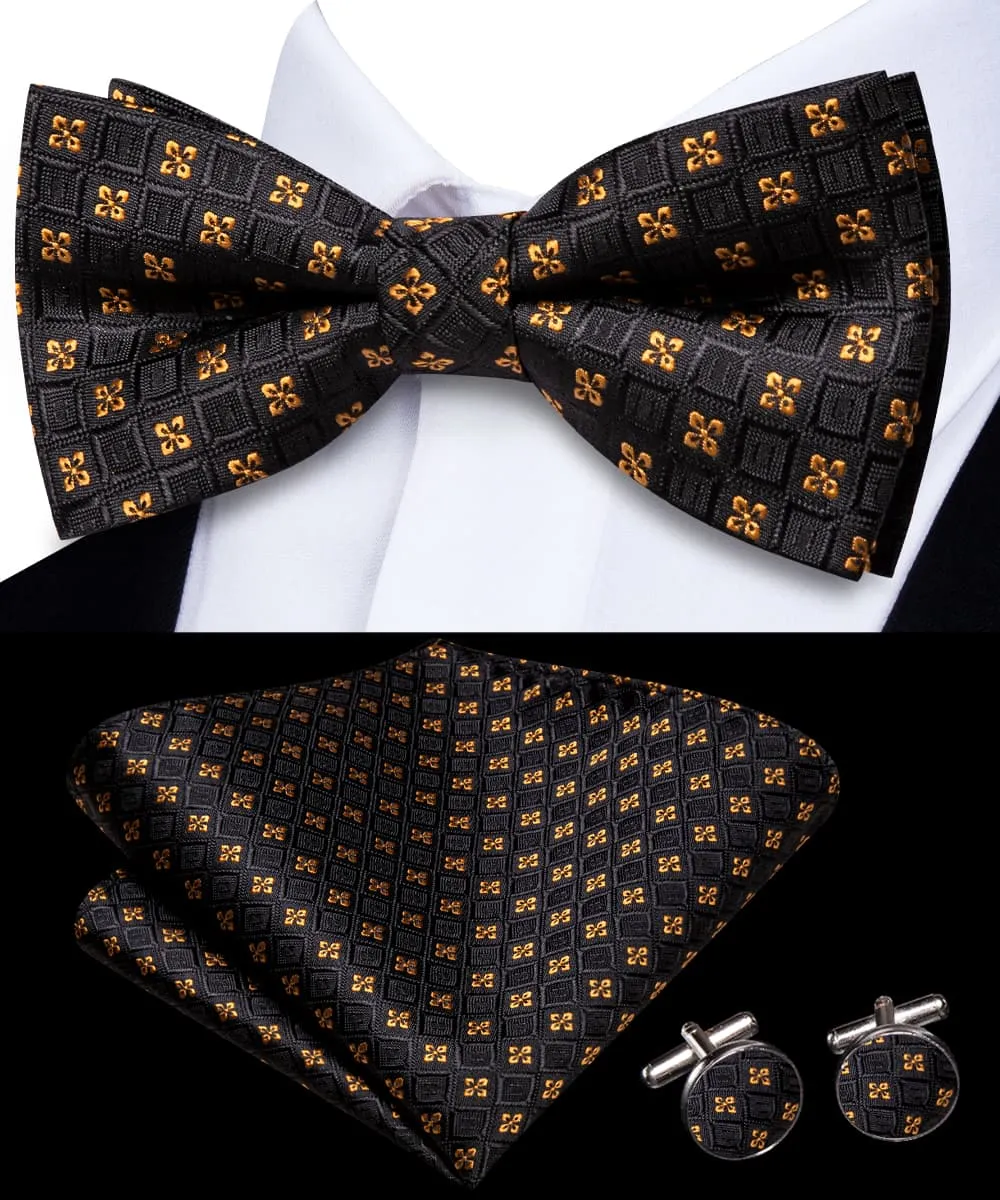 Hi-Tie Black Plaid Gold Jacquard Floral Bow Tie Hanky Cufflinks Set