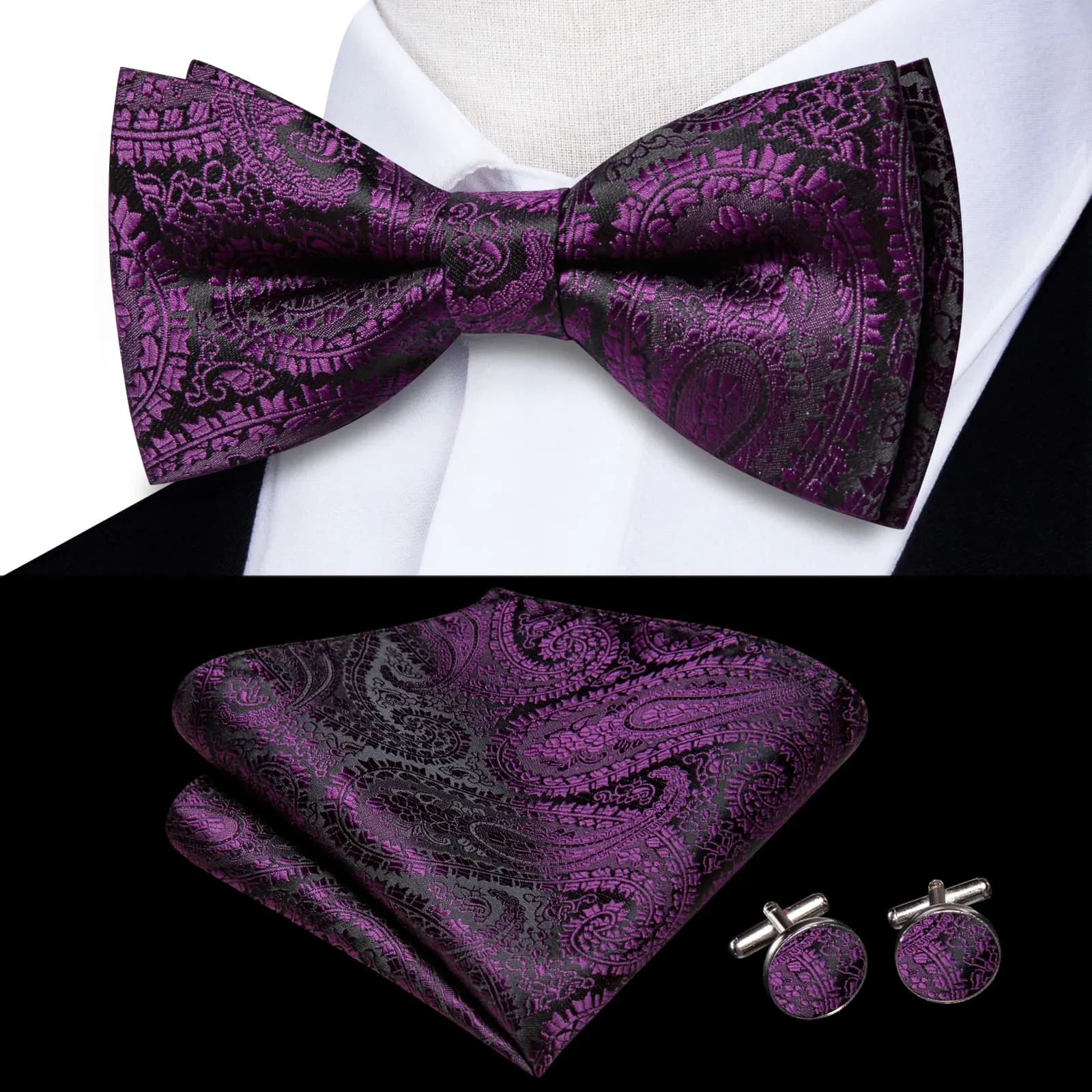 Hi-Tie Black Purple Jacquard Paisley Mens Bow Tie Hanky Cufflinks Set