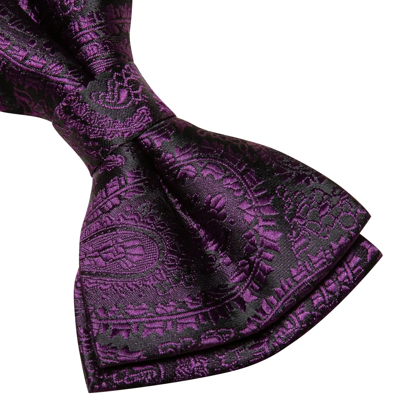 Hi-Tie Black Purple Jacquard Paisley Mens Bow Tie Hanky Cufflinks Set