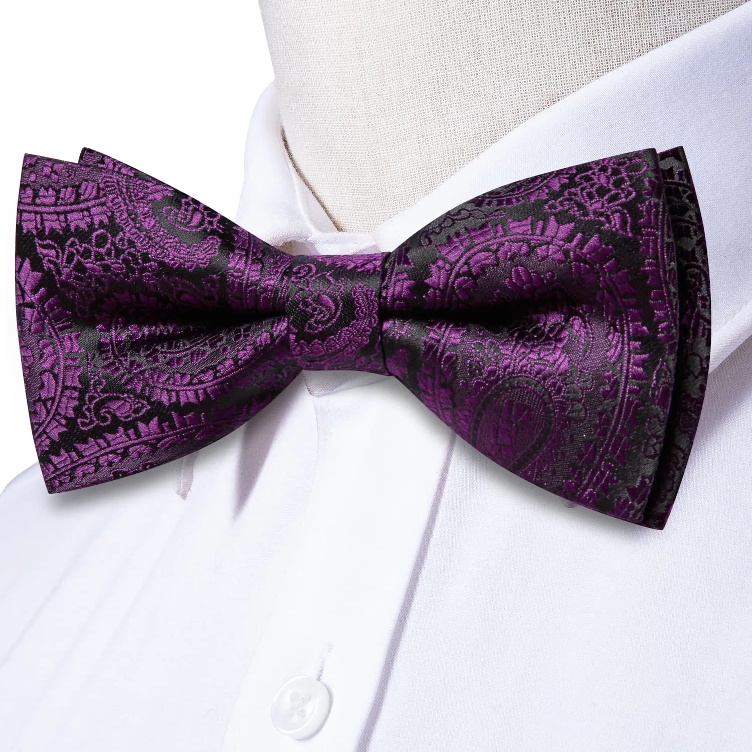 Hi-Tie Black Purple Jacquard Paisley Mens Bow Tie Hanky Cufflinks Set