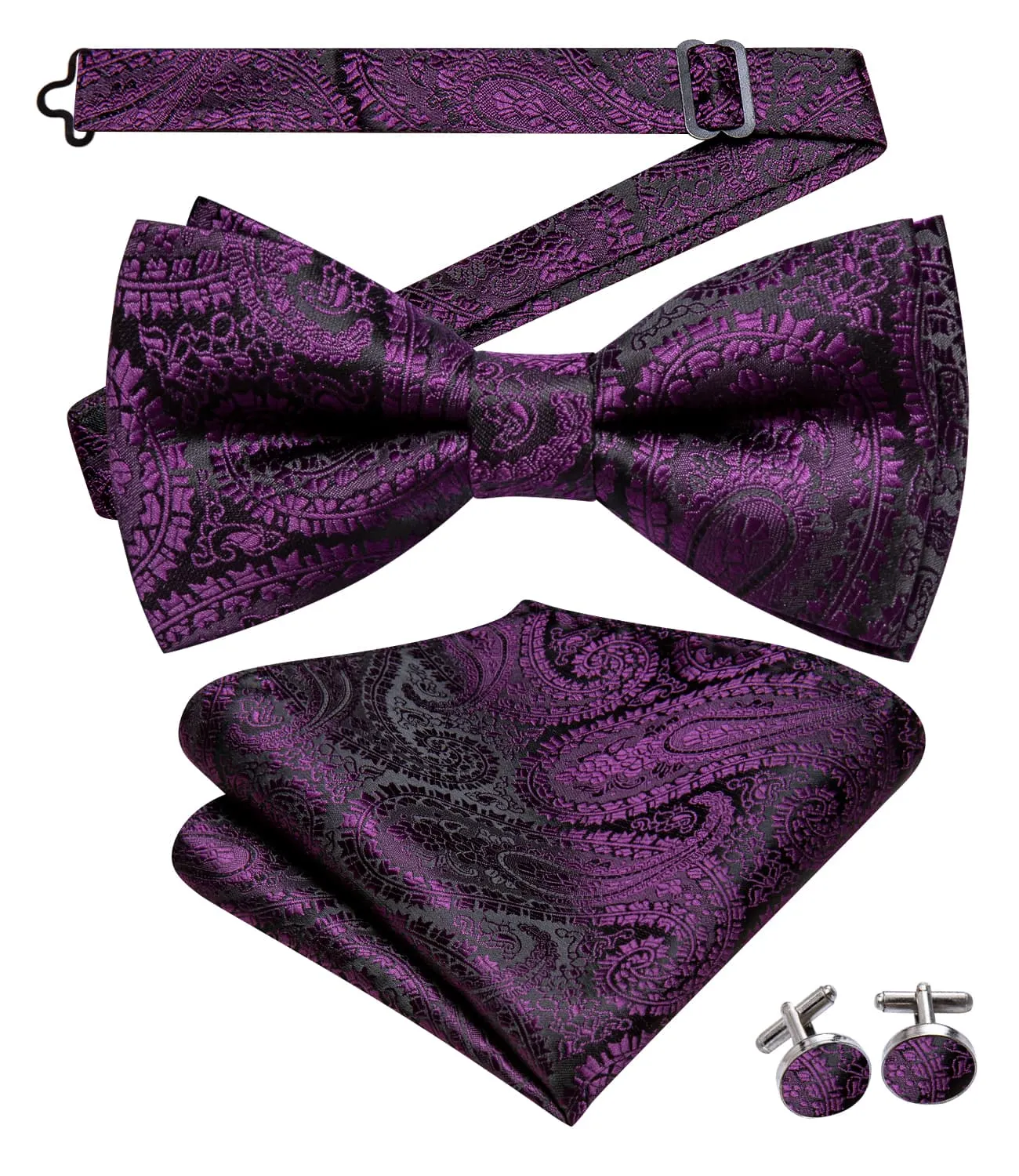 Hi-Tie Black Purple Jacquard Paisley Mens Bow Tie Hanky Cufflinks Set