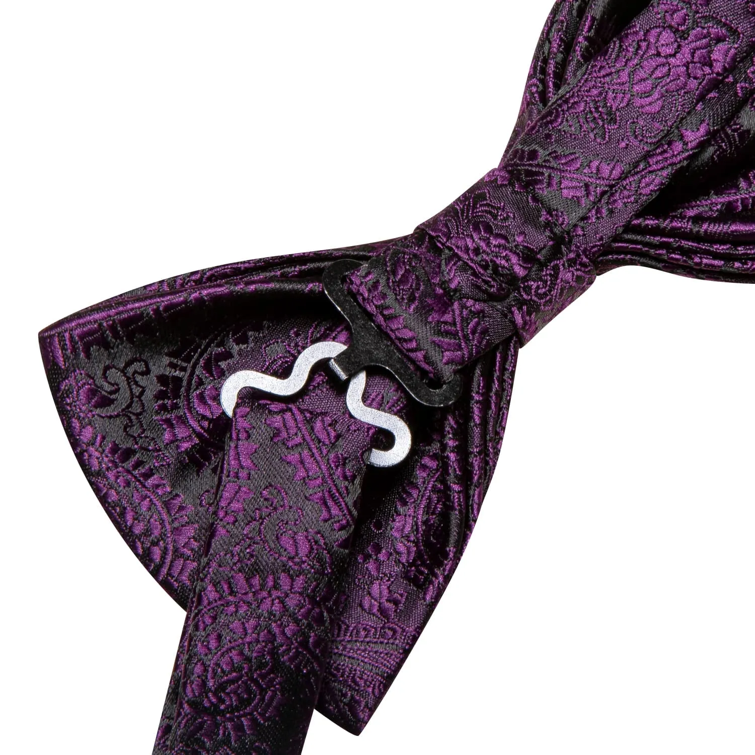 Hi-Tie Black Purple Jacquard Paisley Mens Bow Tie Hanky Cufflinks Set