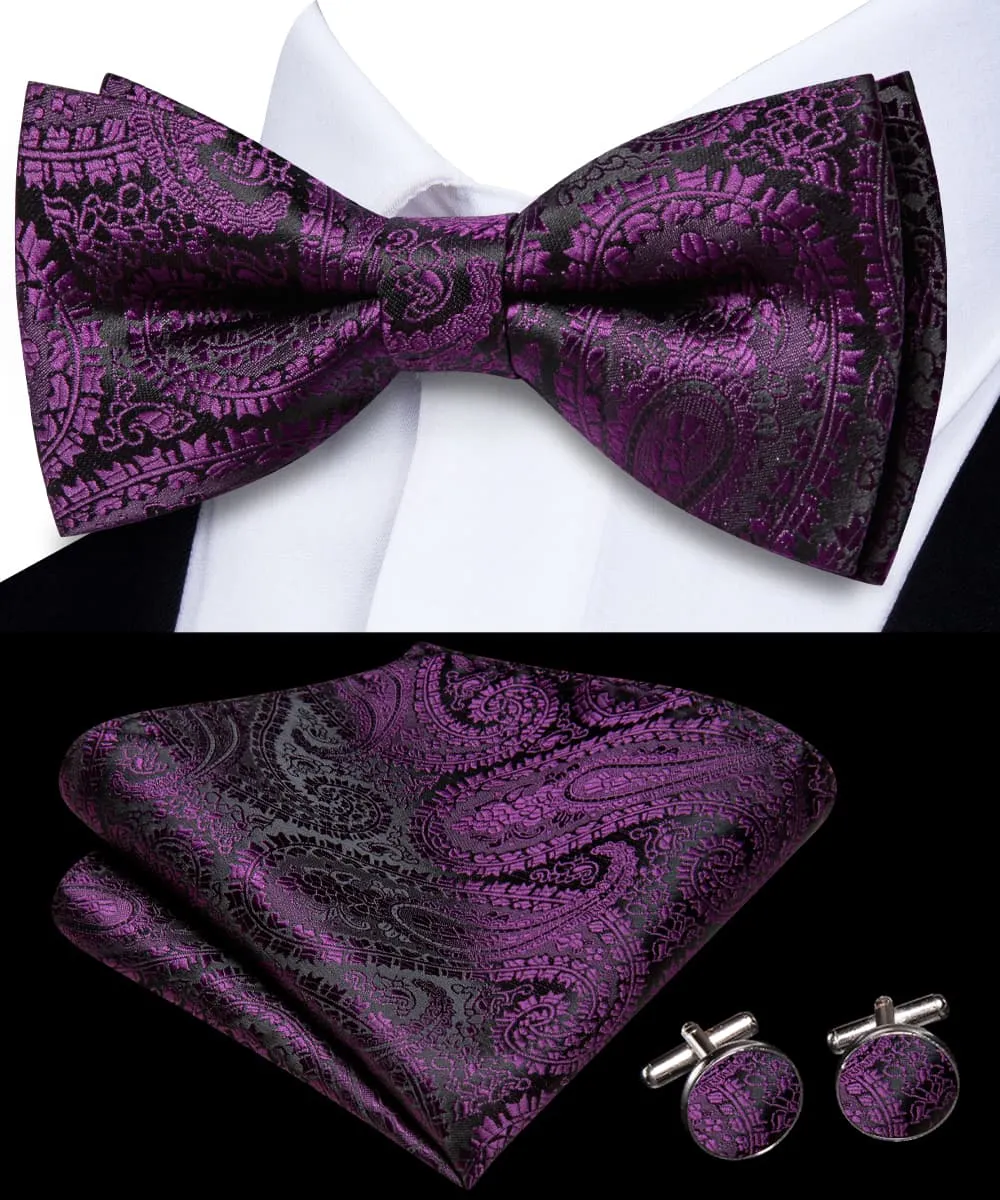 Hi-Tie Black Purple Jacquard Paisley Mens Bow Tie Hanky Cufflinks Set