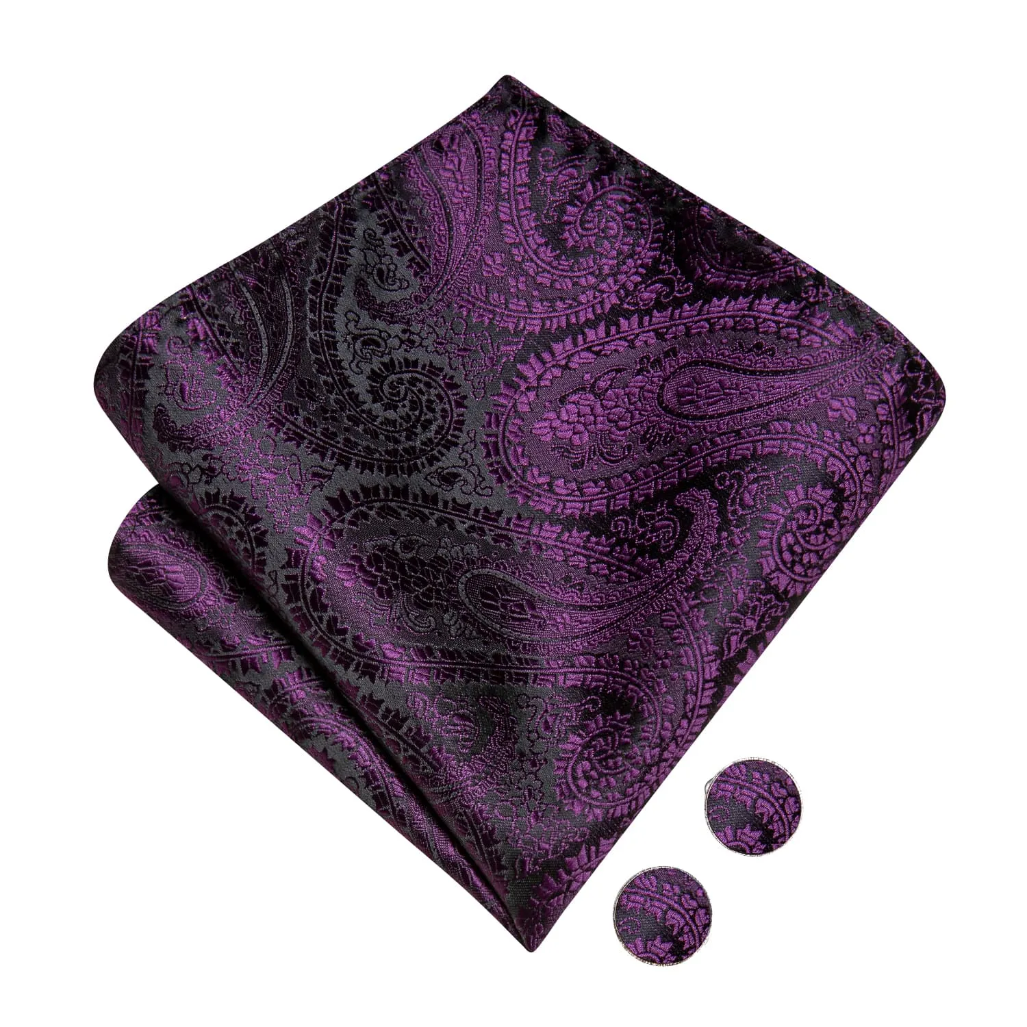 Hi-Tie Black Purple Jacquard Paisley Mens Bow Tie Hanky Cufflinks Set