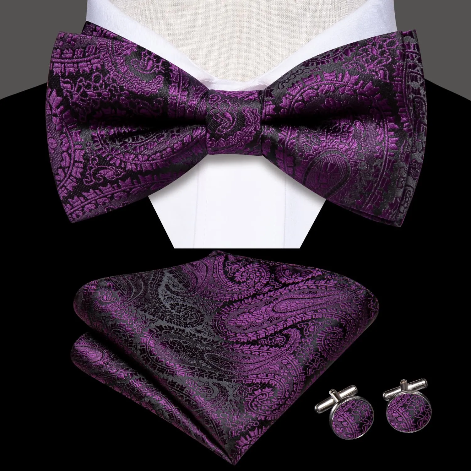 Hi-Tie Black Purple Jacquard Paisley Mens Bow Tie Hanky Cufflinks Set