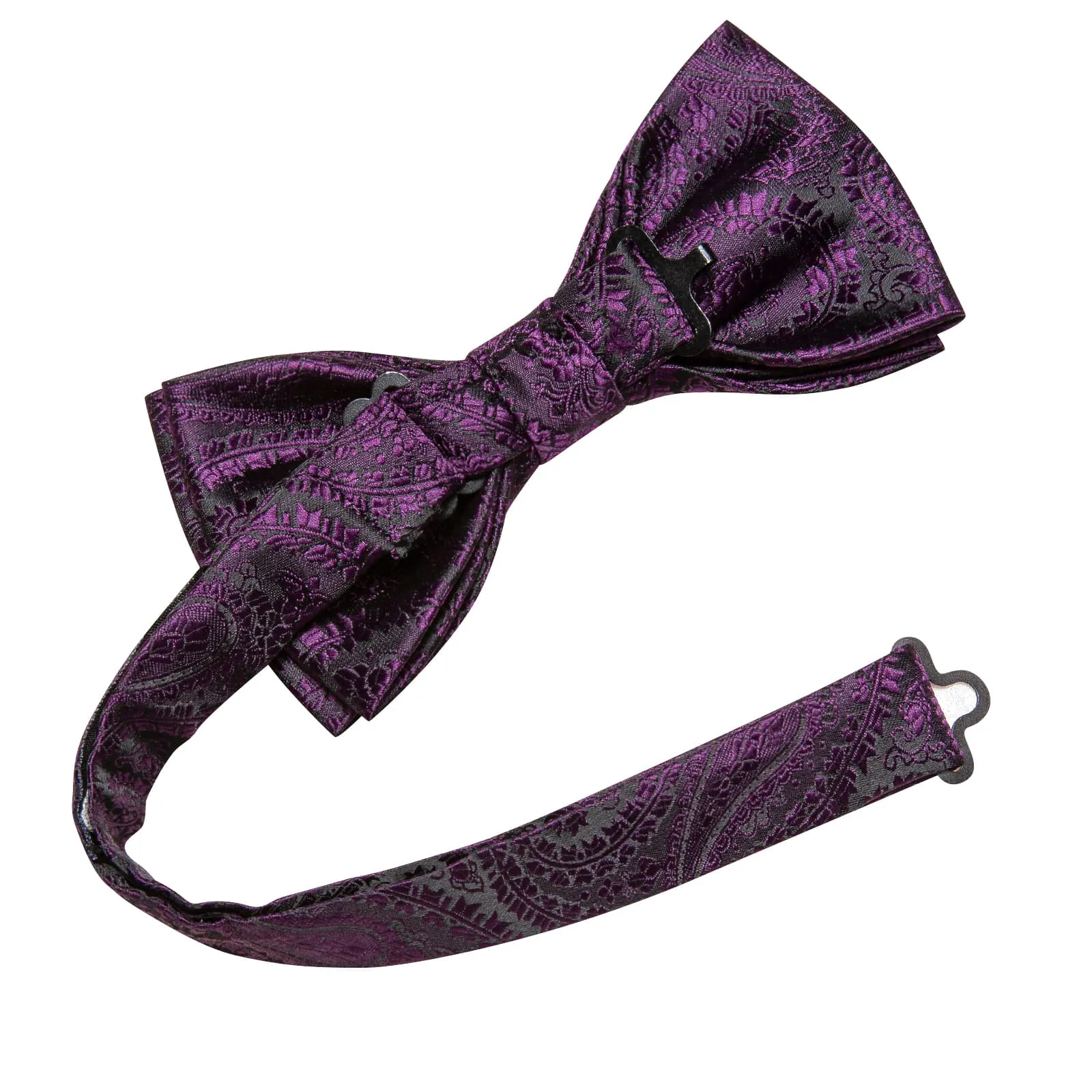 Hi-Tie Black Purple Jacquard Paisley Mens Bow Tie Hanky Cufflinks Set