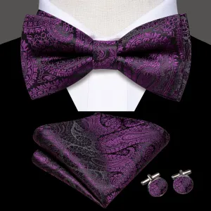 Hi-Tie Black Purple Jacquard Paisley Mens Bow Tie Hanky Cufflinks Set