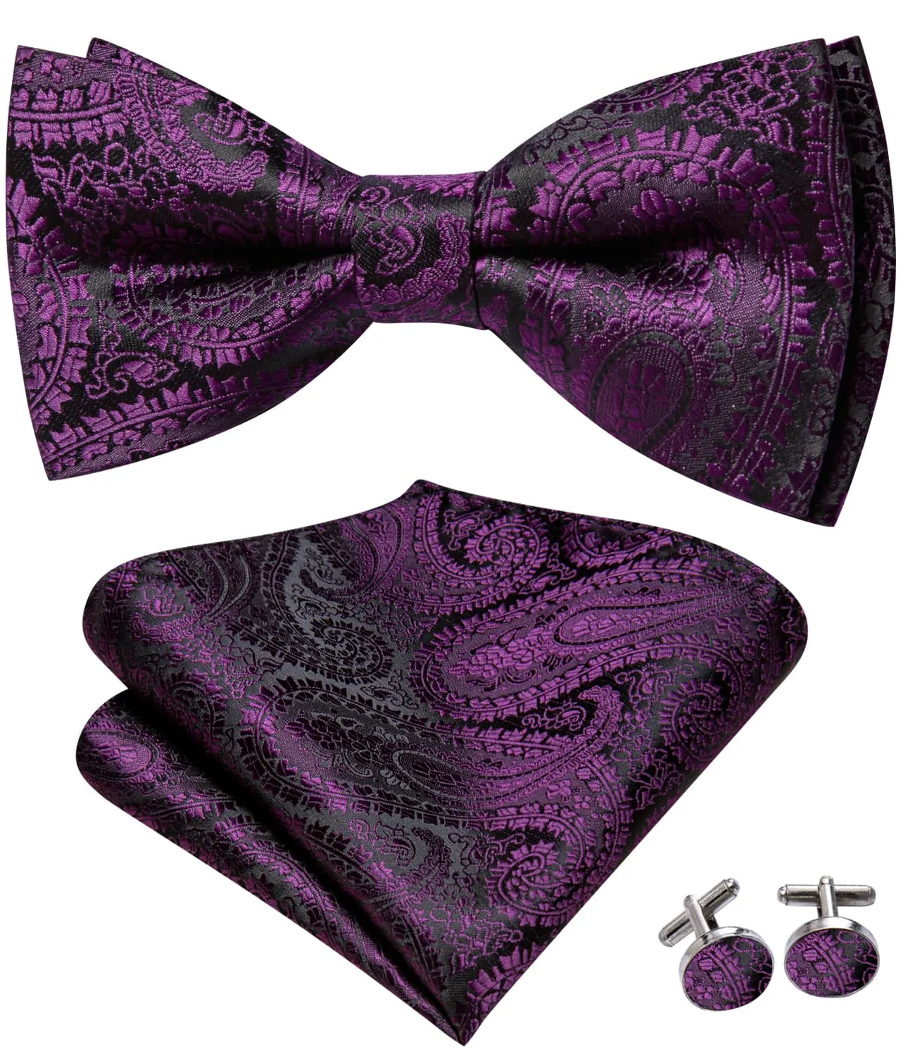 Hi-Tie Black Purple Jacquard Paisley Mens Bow Tie Hanky Cufflinks Set