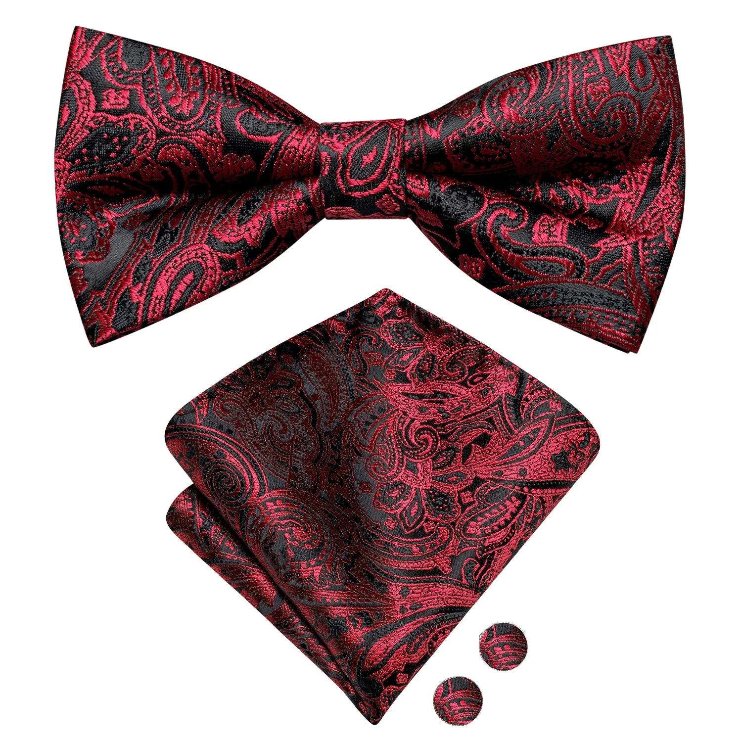 Hi-Tie Black Red Neck Tie Paisley Pre-tied Bow Tie Hanky Cufflinks Set