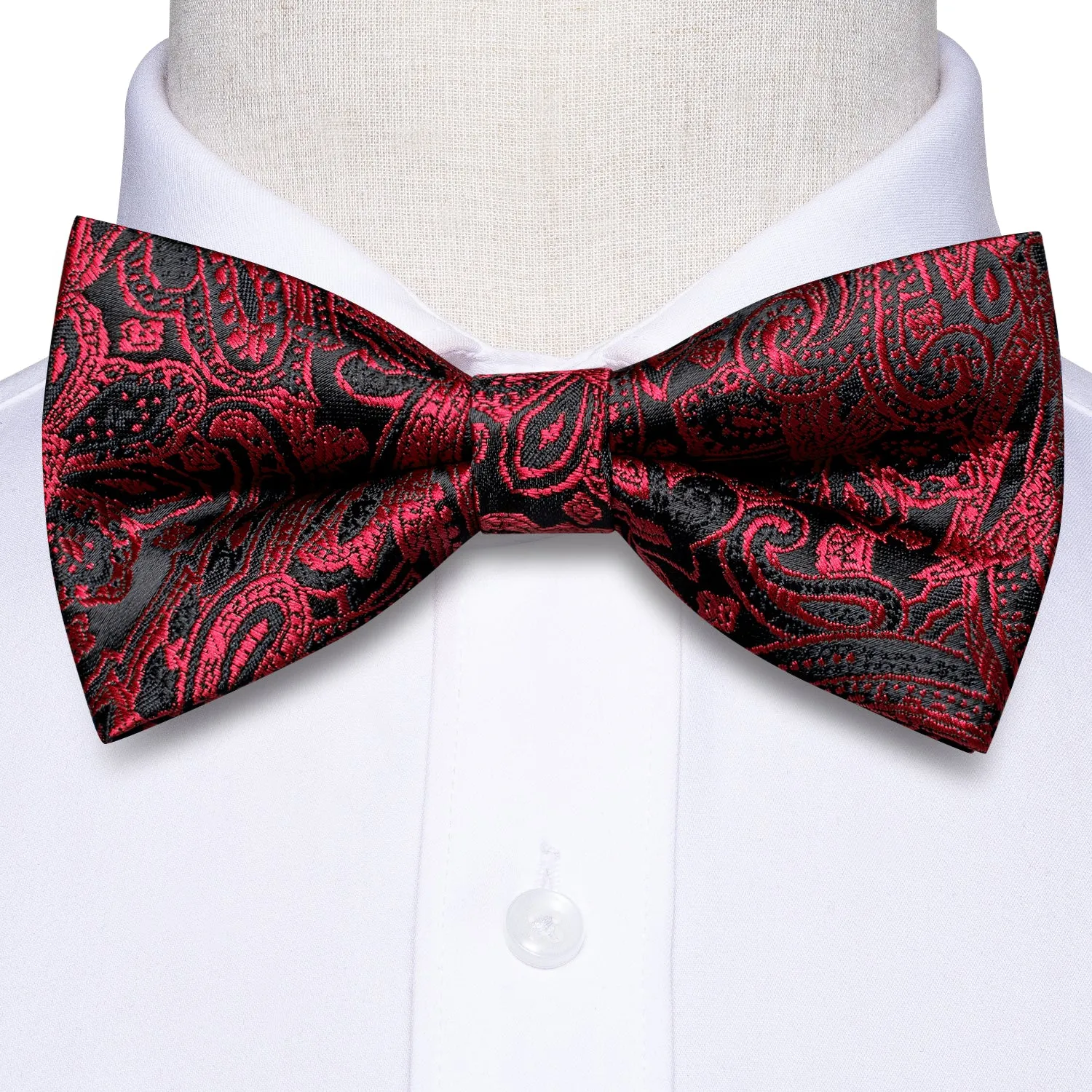 Hi-Tie Black Red Neck Tie Paisley Pre-tied Bow Tie Hanky Cufflinks Set