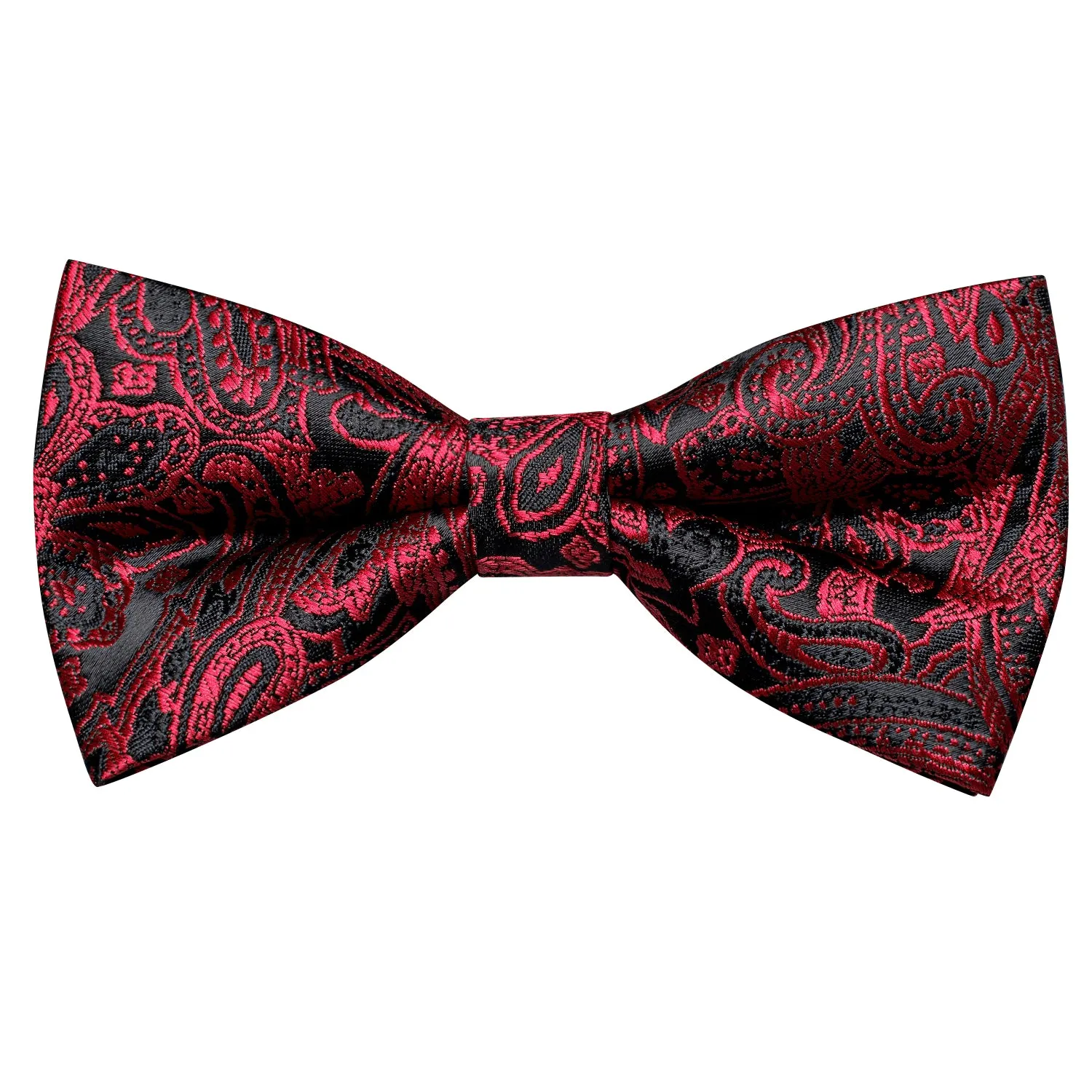 Hi-Tie Black Red Neck Tie Paisley Pre-tied Bow Tie Hanky Cufflinks Set