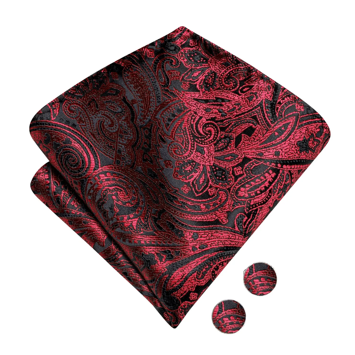 Hi-Tie Black Red Neck Tie Paisley Pre-tied Bow Tie Hanky Cufflinks Set