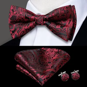 Hi-Tie Black Red Neck Tie Paisley Pre-tied Bow Tie Hanky Cufflinks Set