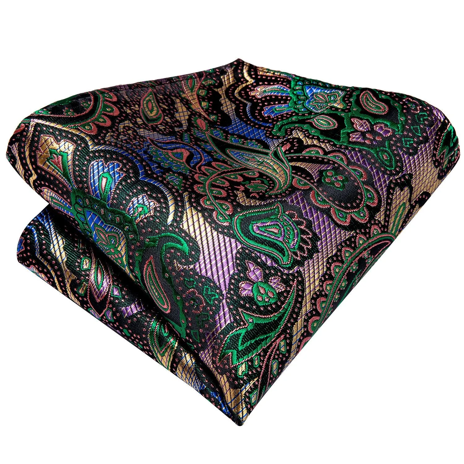 Hi-Tie Black Teal Green Paisley Silk Tie Pocket Square Cufflinks Set