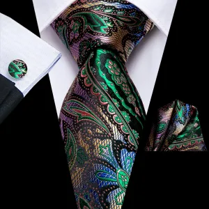 Hi-Tie Black Teal Green Paisley Silk Tie Pocket Square Cufflinks Set