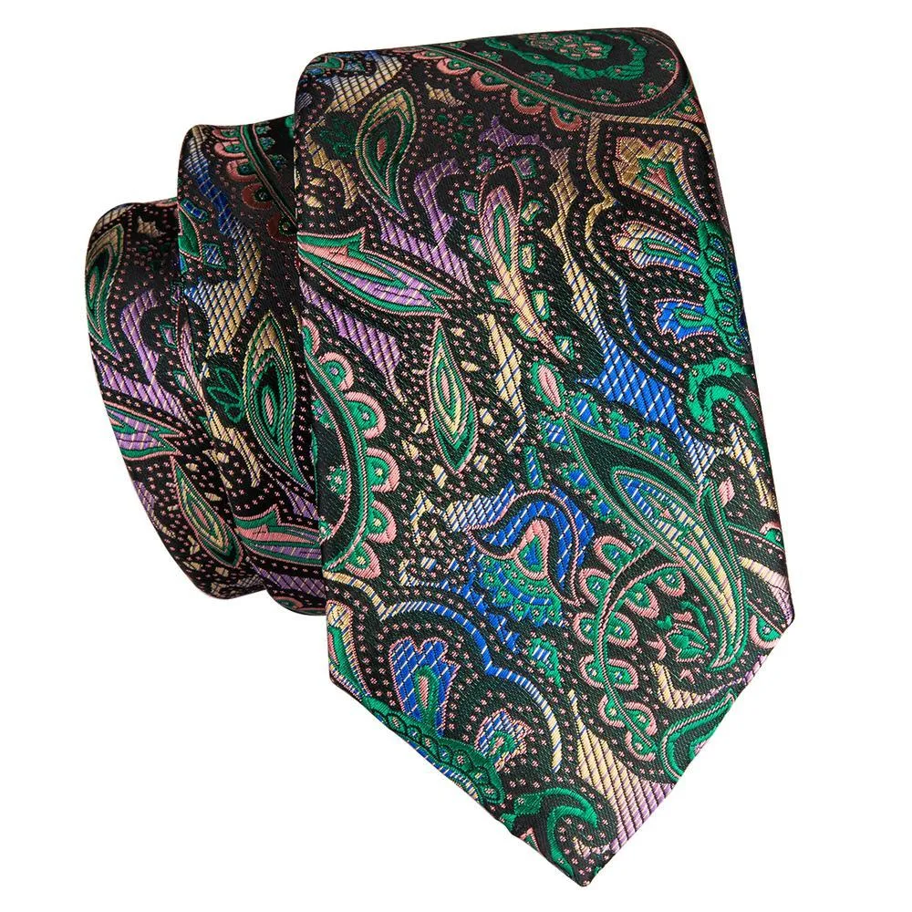 Hi-Tie Black Teal Green Paisley Silk Tie Pocket Square Cufflinks Set