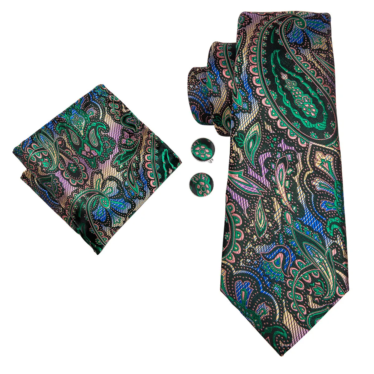 Hi-Tie Black Teal Green Paisley Silk Tie Pocket Square Cufflinks Set