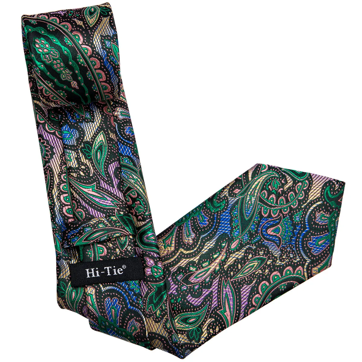 Hi-Tie Black Teal Green Paisley Silk Tie Pocket Square Cufflinks Set